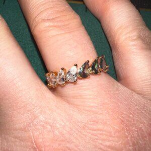 Bomb Party two Color Golden Pear CZ ring clear and green sz7